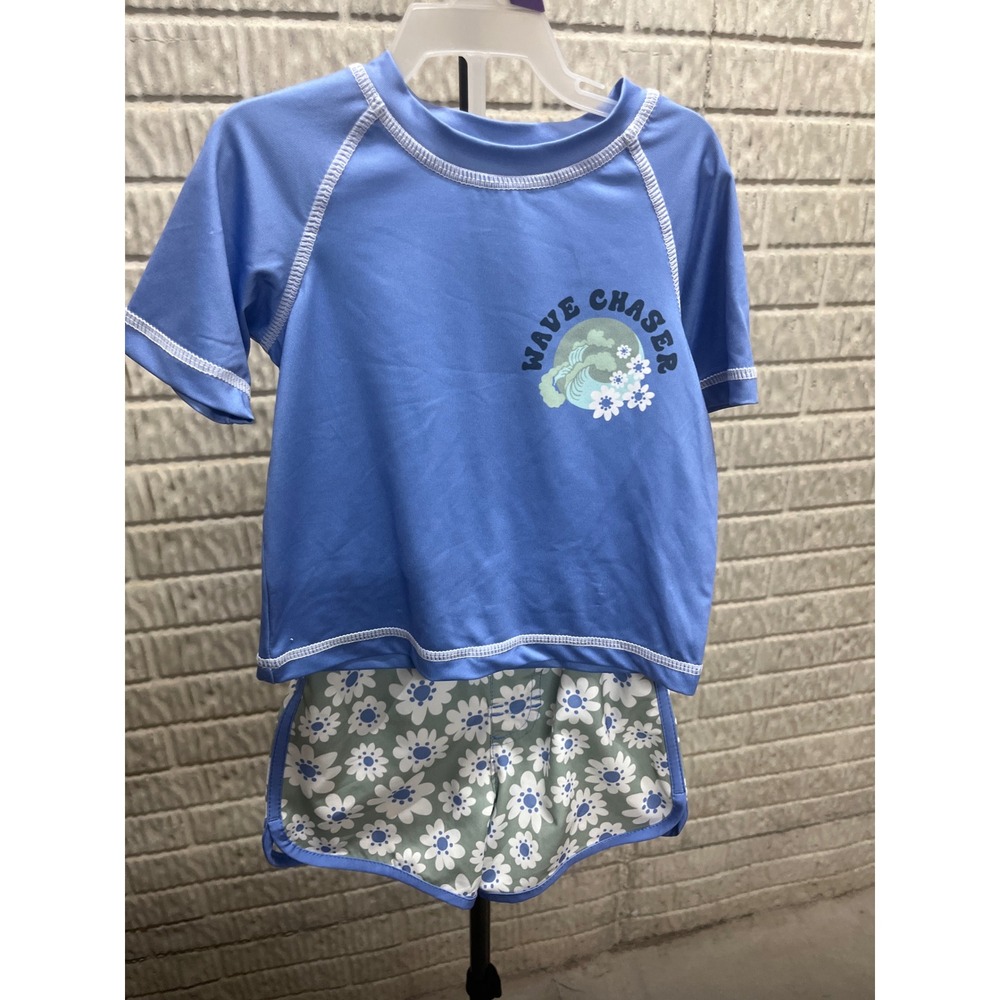 Wonder‎ Nation Baby girls Wave Chaser Rash Guard Swim Set Blue Daisy 12M UPF 50+